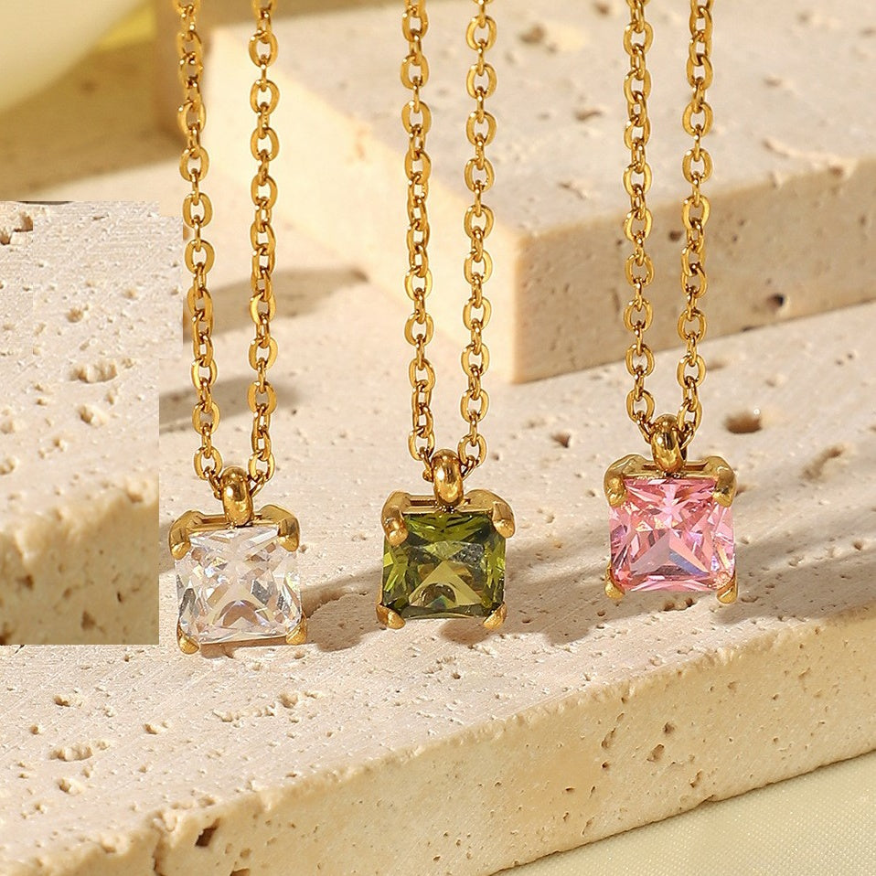 18K plated Gemstone Princess Cut Necklace Green/Pink/White