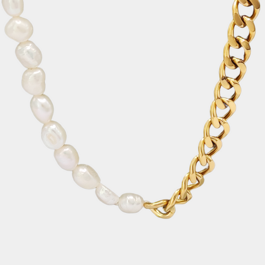 18K plated Half Half Peal & Chain Necklace