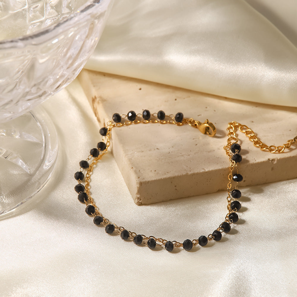 18K plated Thin and Fine Black Bead Necklace and Bracelet Set