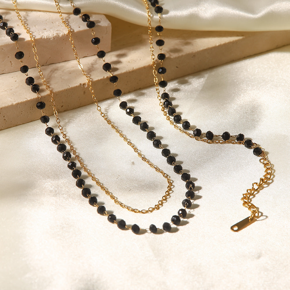 18K plated Thin and Fine Black Bead Necklace and Bracelet Set