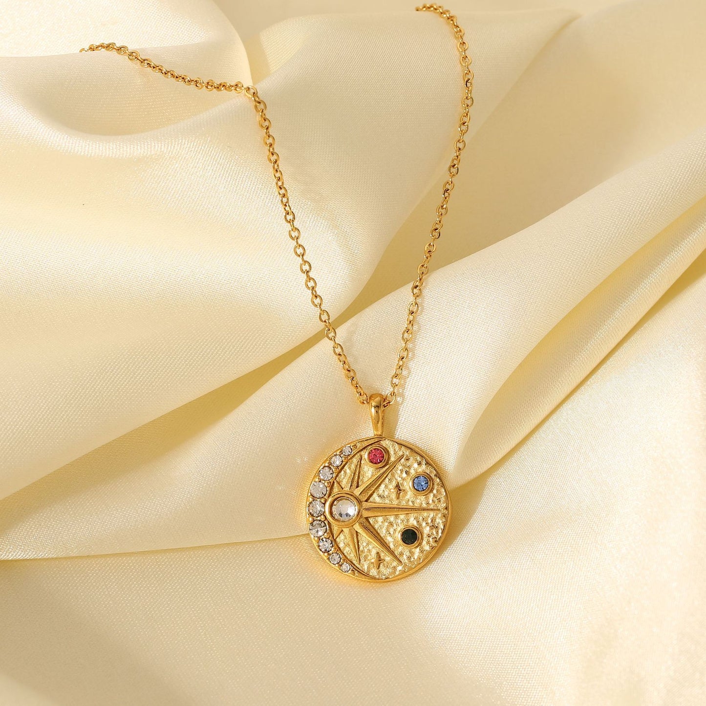 18K plated Moon and Star with colourful planets surrounded Pendant Necklace