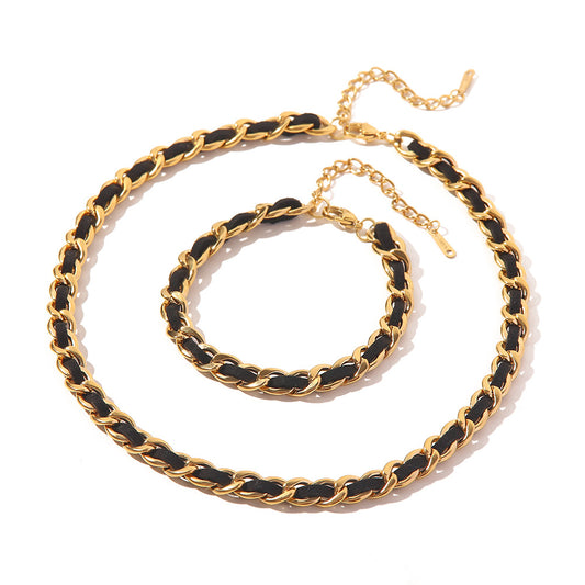 18K Plated Black Belt Twisted Chain and Bracelet Set