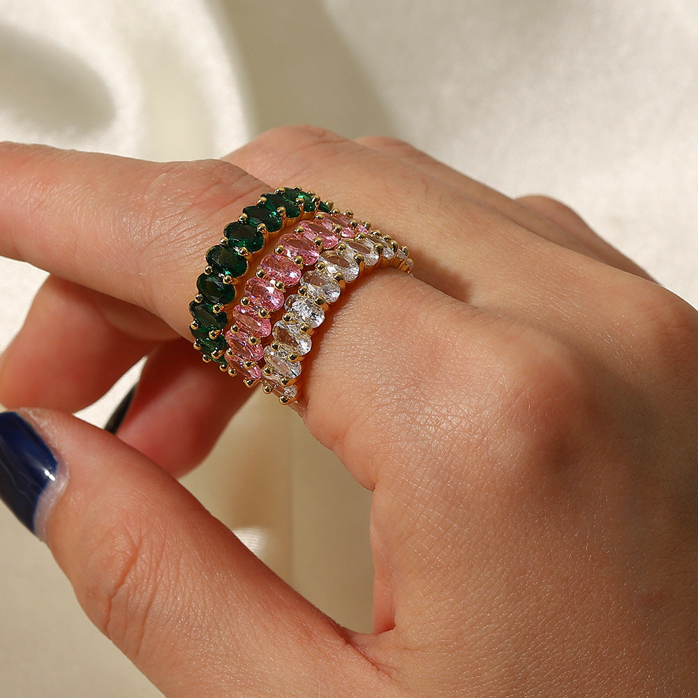 18K plated Bright Cut Oval Eternity Ring White/Green/Pink