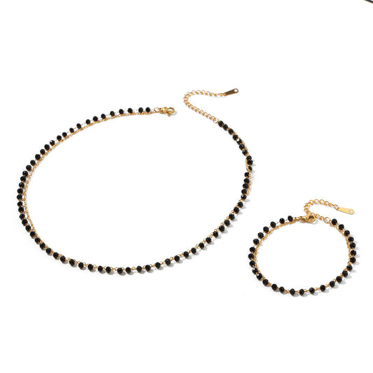 18K plated Thin and Fine Black Bead Necklace and Bracelet Set