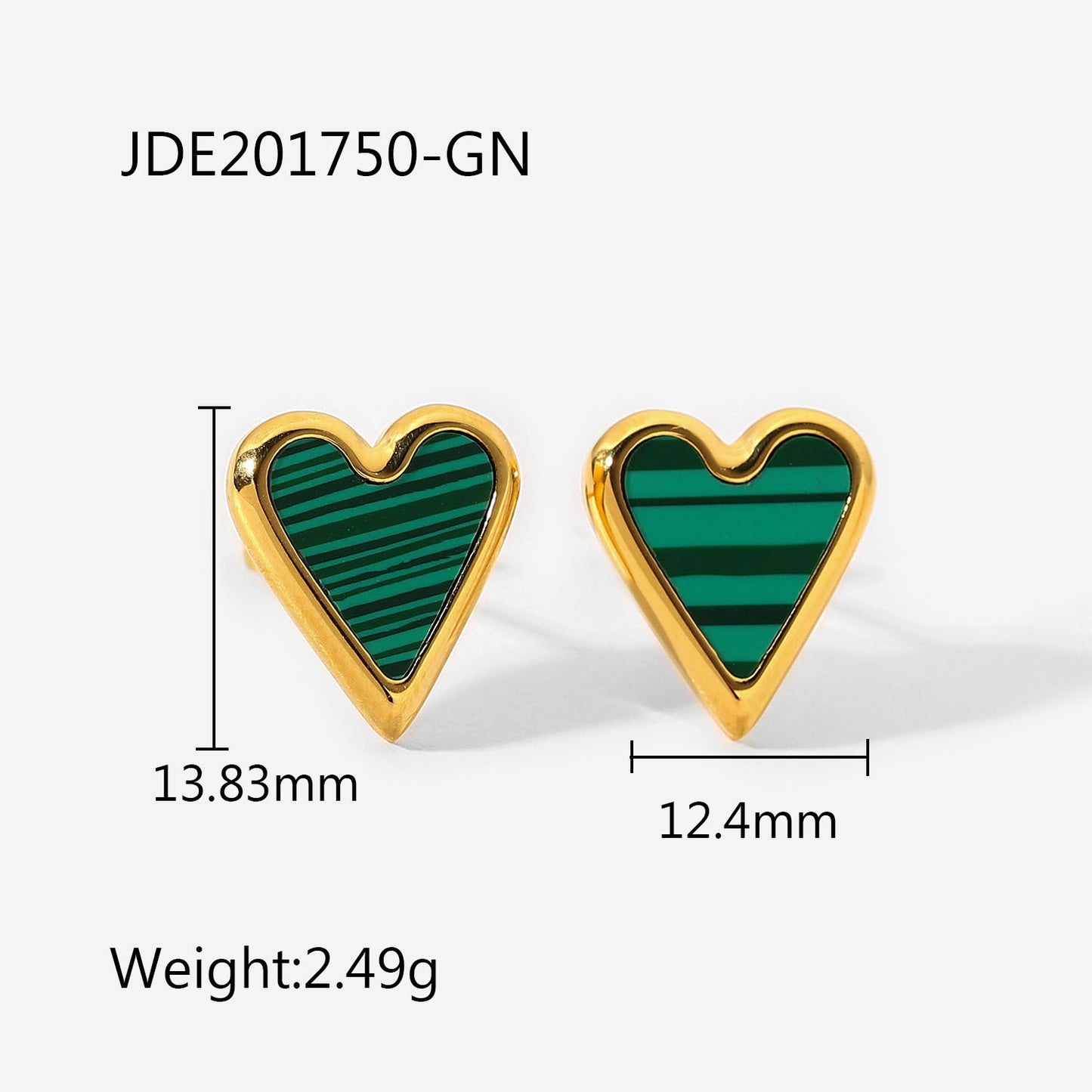 18K plated Malachite Heart Earring Stud Green/ Black