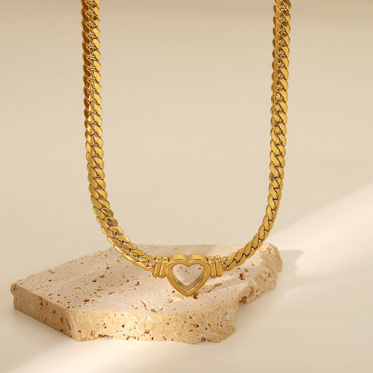 18K plated 0.63cm Thick Flat Curb Necklace with Heart