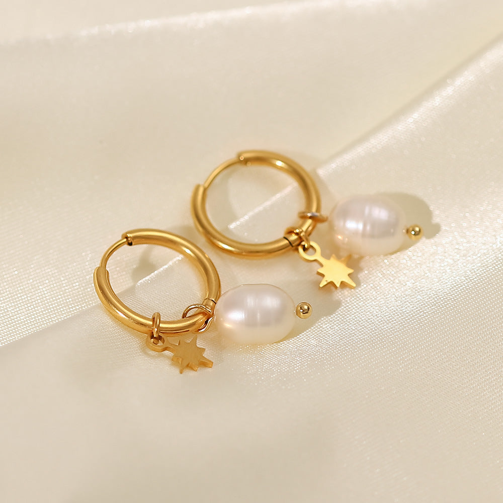 18K plated Pearl and Star Huggie Earrings