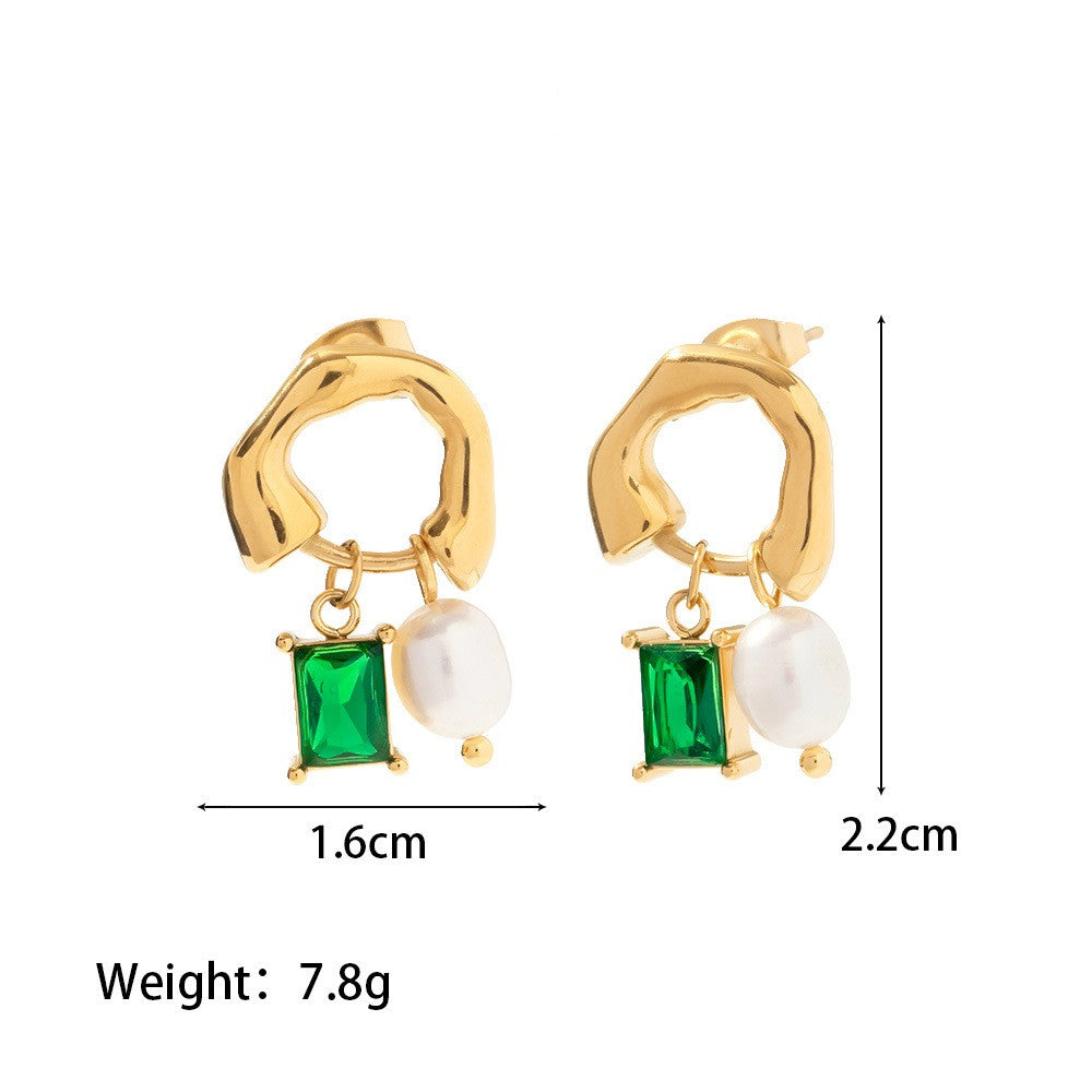 18K Plated Deluxe Gem and Pearl Hoop Green/White