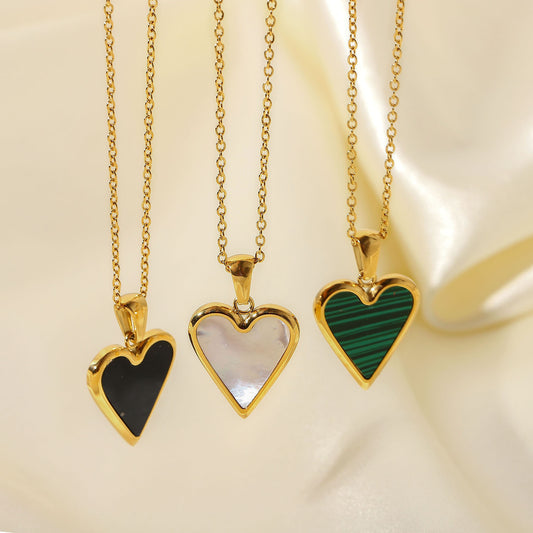 18K plated Gemstone Heart Pendant Necklace Black/White/Green