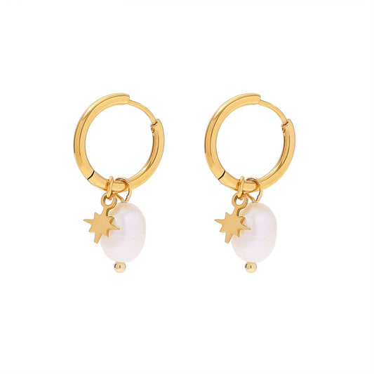 18K plated Pearl and Star Huggie Earrings