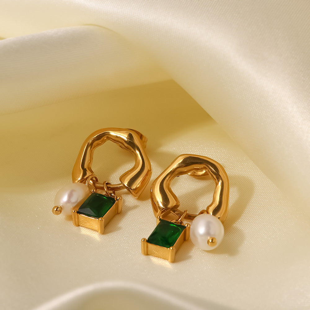 18K Plated Deluxe Gem and Pearl Hoop Green/White