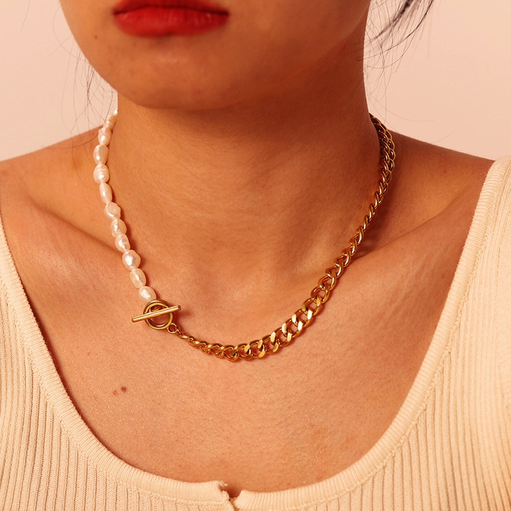 18K plated Half Half Peal & Chain Necklace